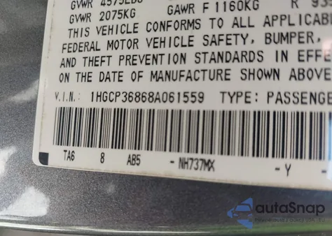 2008 Honda Accord 3.5 Ex-L z USA, uszkodzony, nr VIN 1HGCP36868A061559